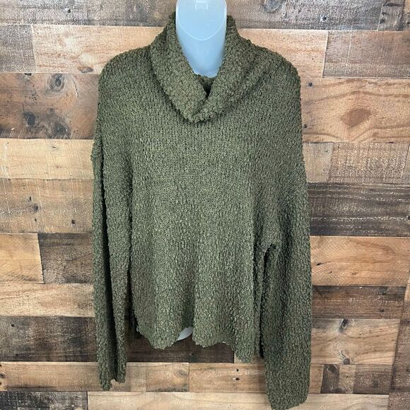 Bobeau Boucle Popcorn Knit Sweater Cowl Neck Olive Green High Low Hem Medium - Picture 13 of 13
